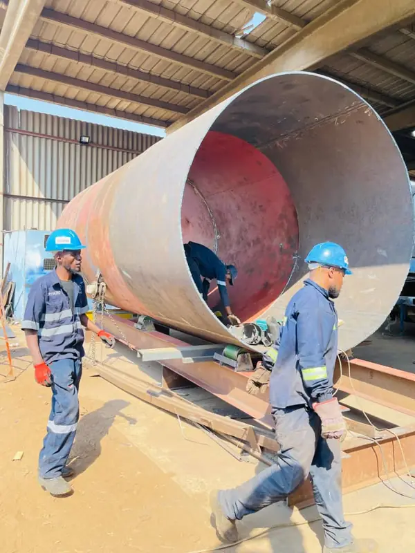 Large-diameter steel cylinder being fabricated